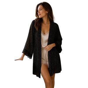 LR1407 Moon Black Polka Dot Kimono Robe Womens L XL Lace Trim